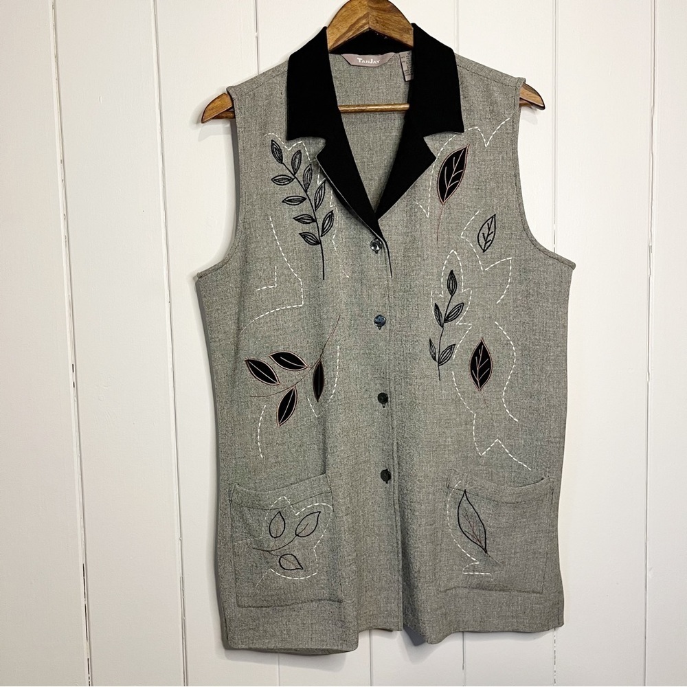 TanJay Grey Embroidered Leaf Design Long Collared Vest. Size 12.